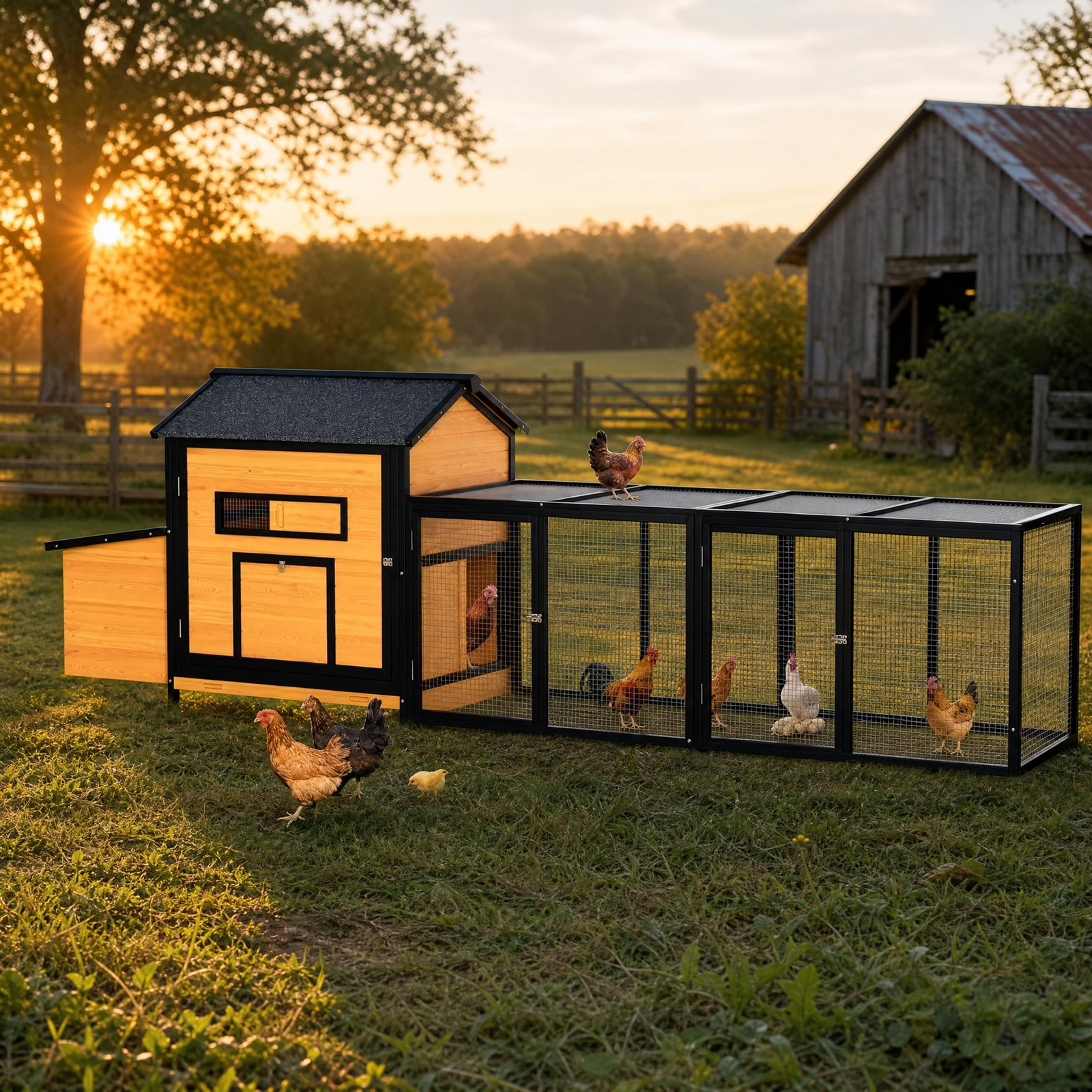 Large Cedar Chicken Coop 118in Hen House with Enclosed Run Perches Nesting Box