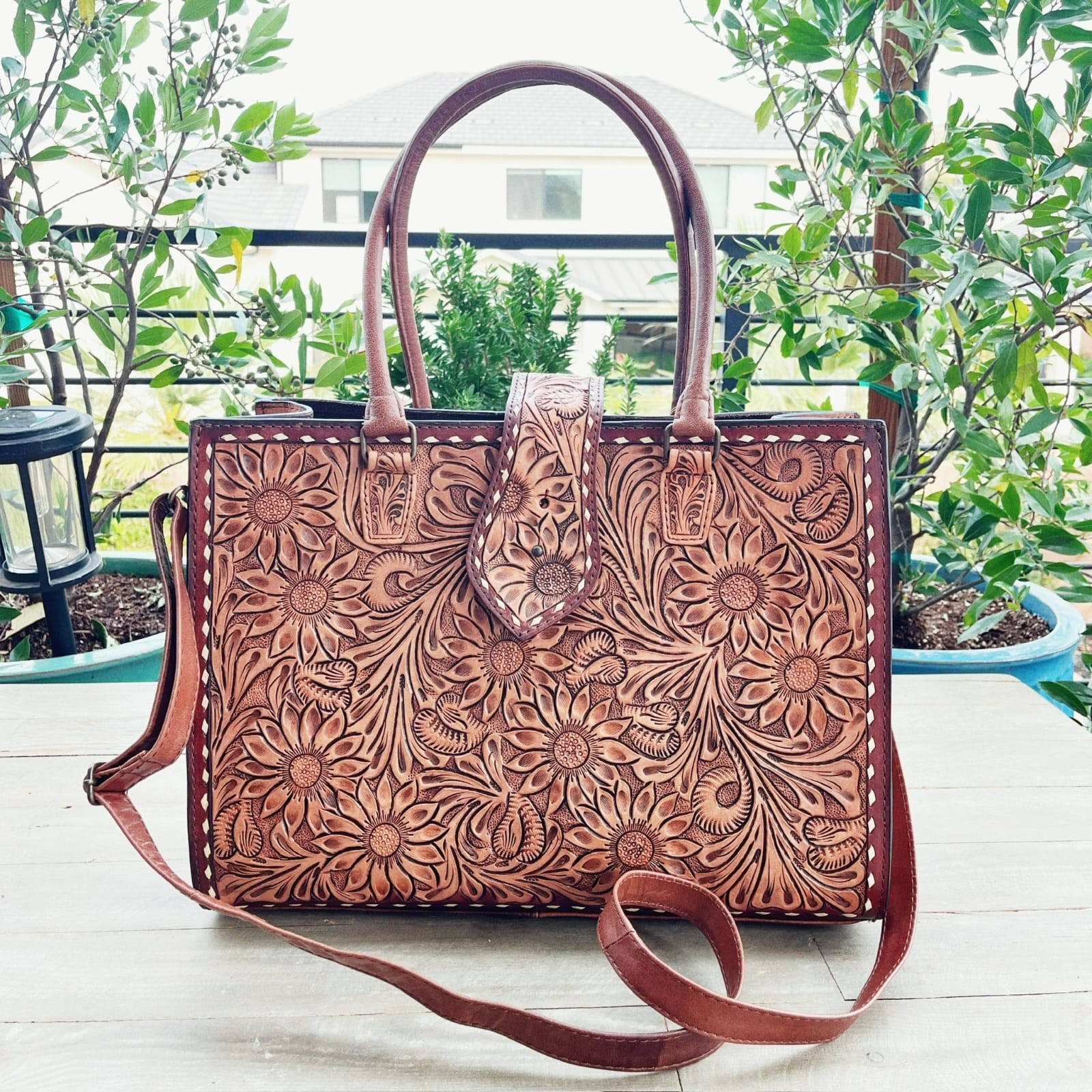 Handcrafted Floral Tooled Leather Tote Bag Premium Quality handBag