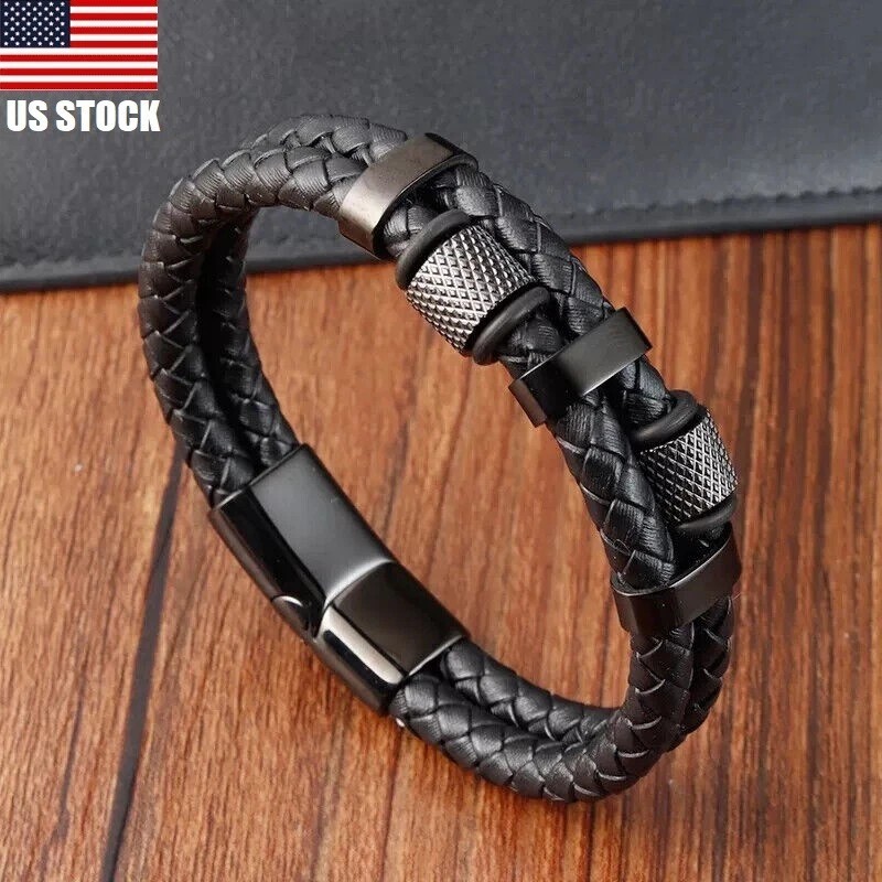 Men's Stainless Steel Genuine Leather Strength Fashion Bangle Wrap Bracelet Gift