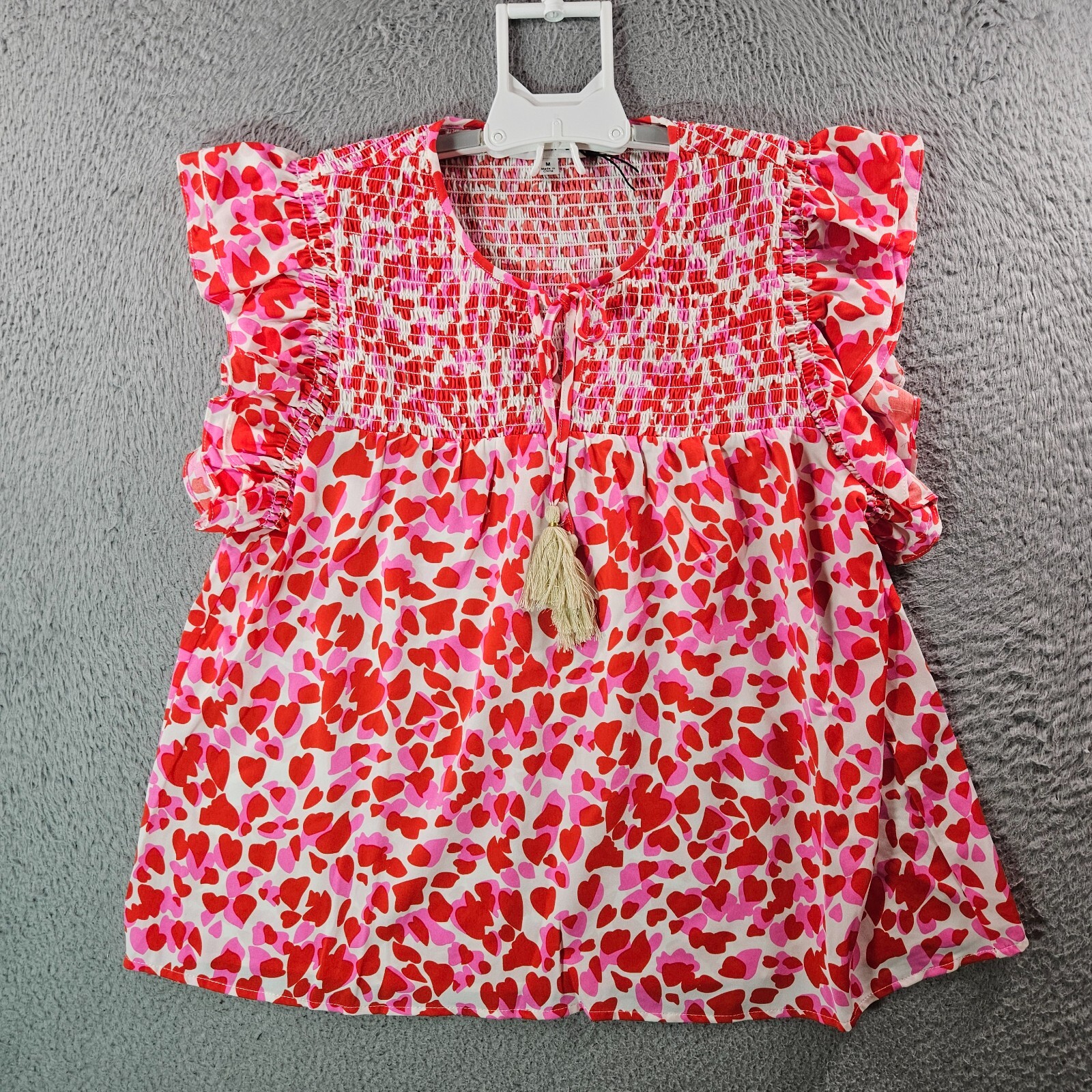 NWOT THML Top Women Medium Heart Print Tassel Red Pink White Valentine