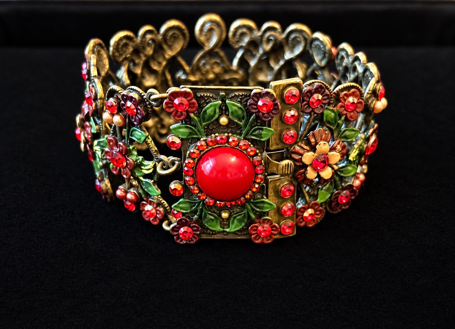 Vintage Art Deco Revival Floral Enamel Rhinestone Panel Bracelet Red Cabochon