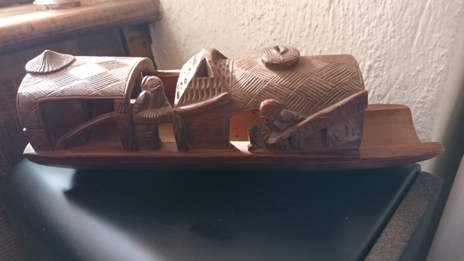 Vintage Chinese Carved Bamboo River Boat Brush Pot Figures 8.5\