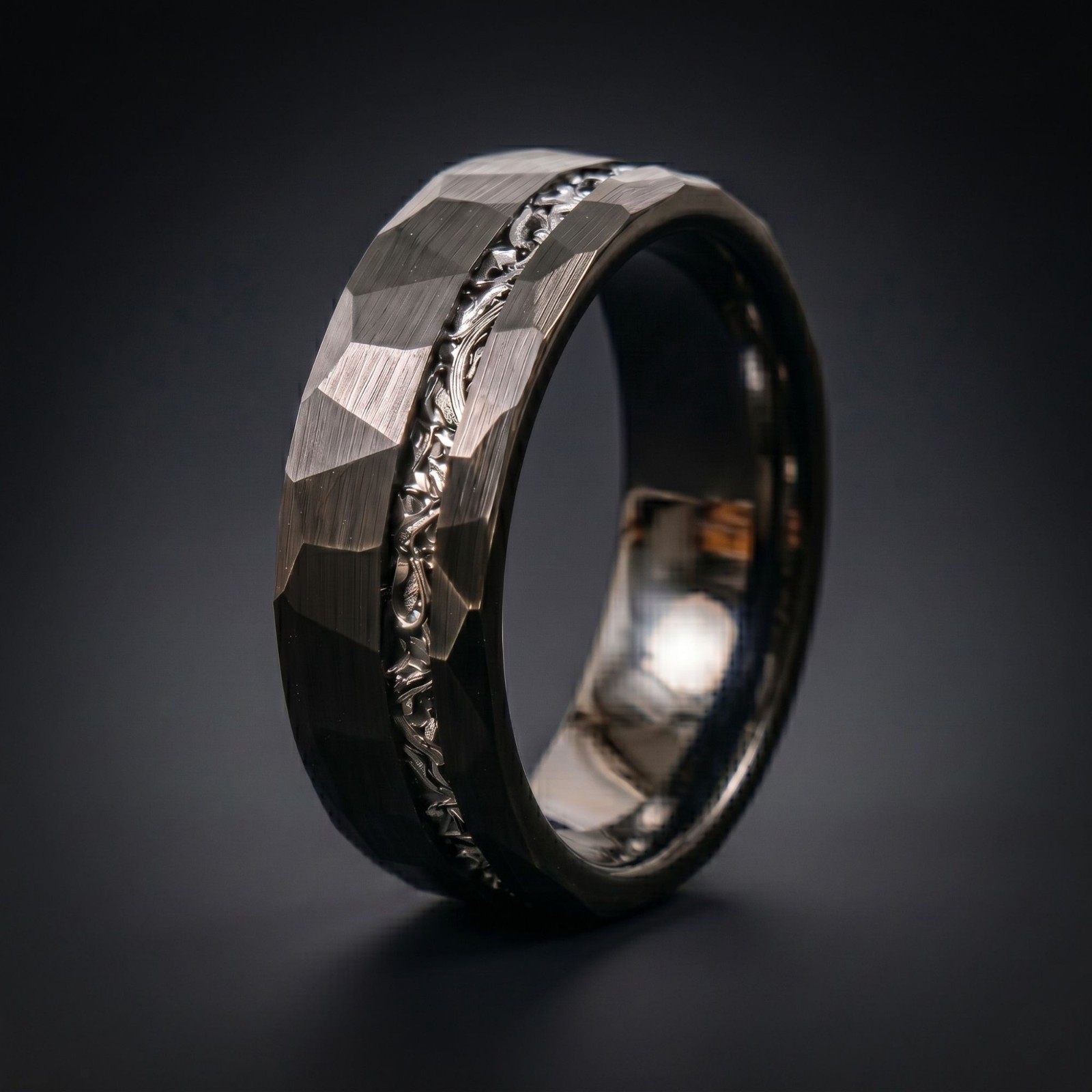Black Tungsten Meteorite Ring Hammered Men’s Wedding Band 8mm Unique Ring
