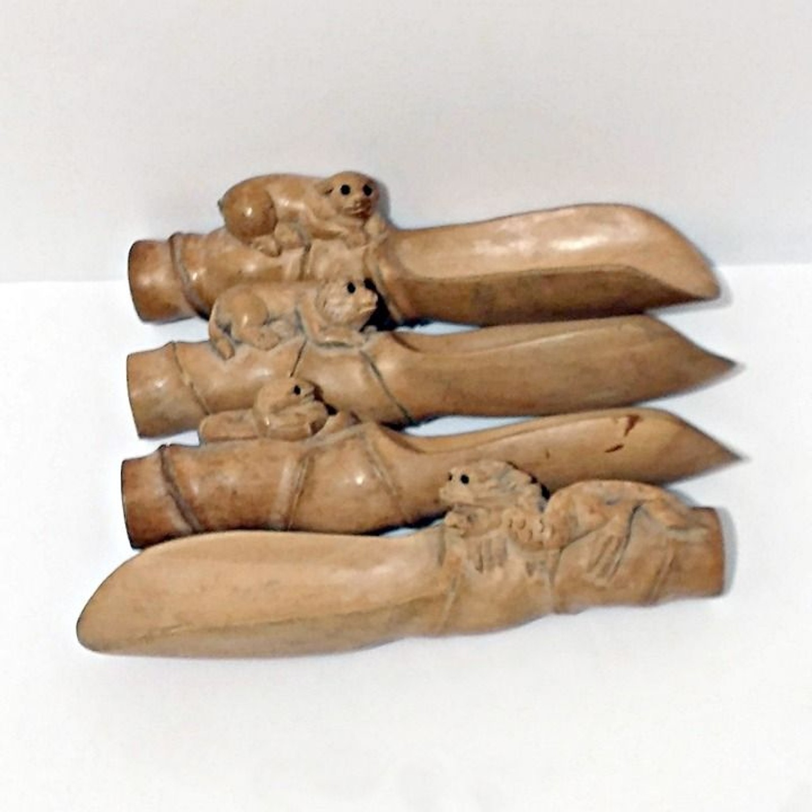 ANTIQUE CARVED SCOOPS - Set of 4 Chinese Zodiac Animals  Dragon Snake Pig Monkey