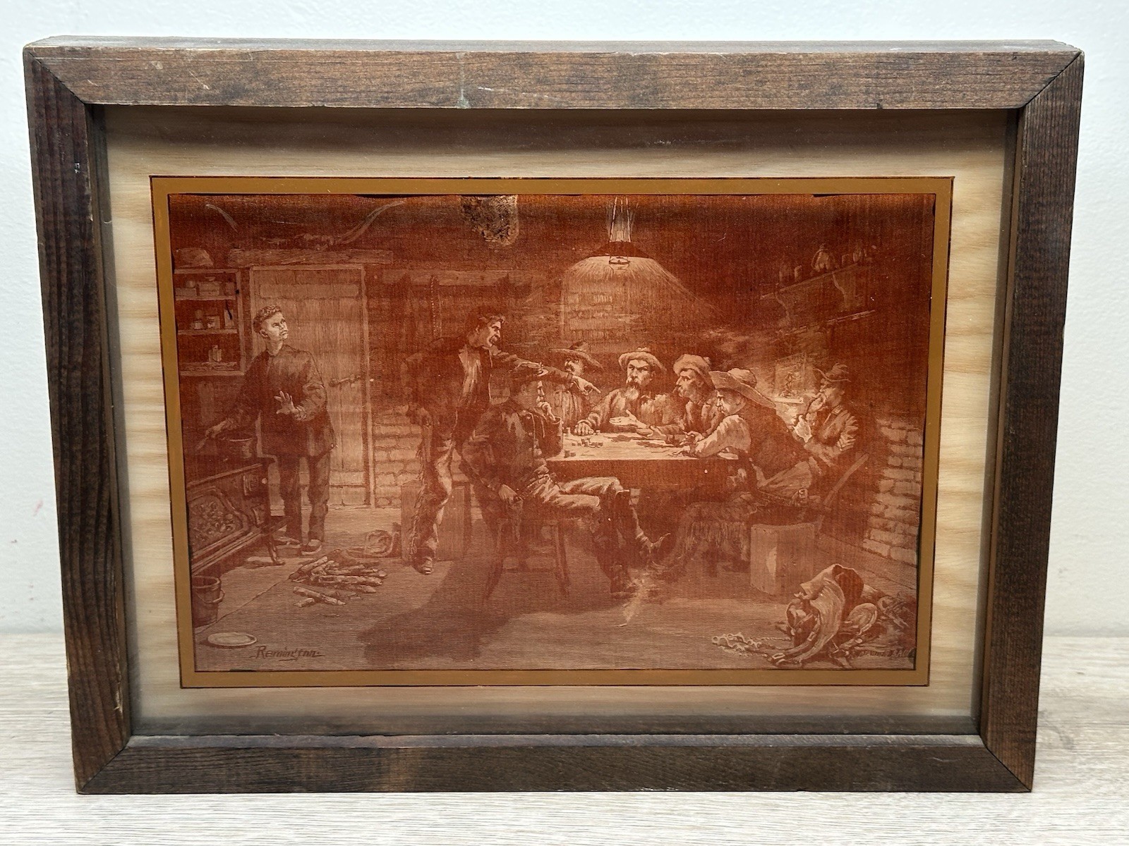 VINTAGE LUCID LINES SIGNED FREDERIC REMINGTON NATIVE PHOTOGRAPHY ON GLASS-1974