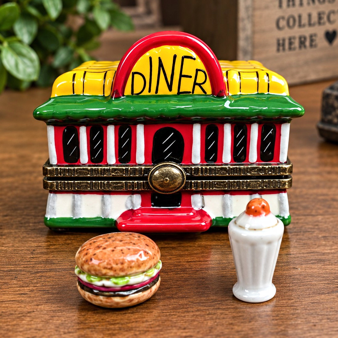 Vintage 1990s Porcelain Hinged Box Drive-In Diner w Burger Drink Miniatures PHB