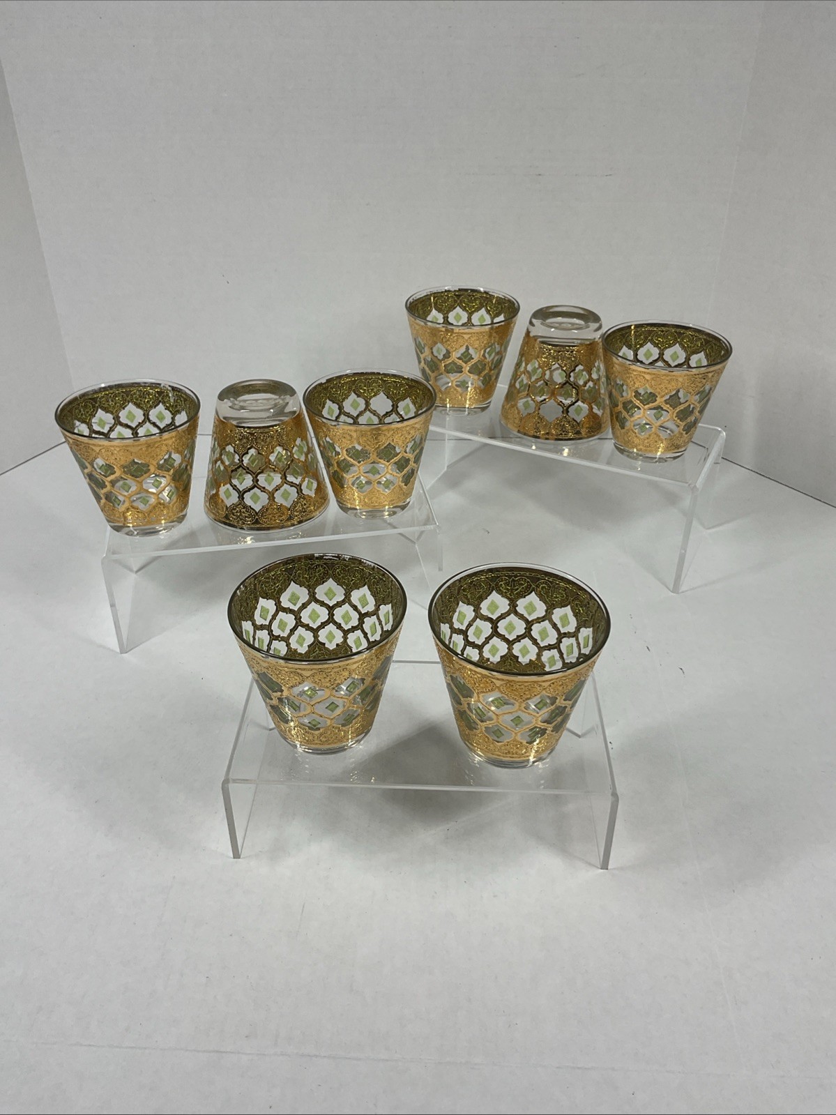 8 Vintage MCM Culver Valencia 22K Gold Flared Green Diamond Old Fashions Marked 8 Vintage MCM Culver Valencia 22K Gold Flared Green Diamond Old Fashions Marked