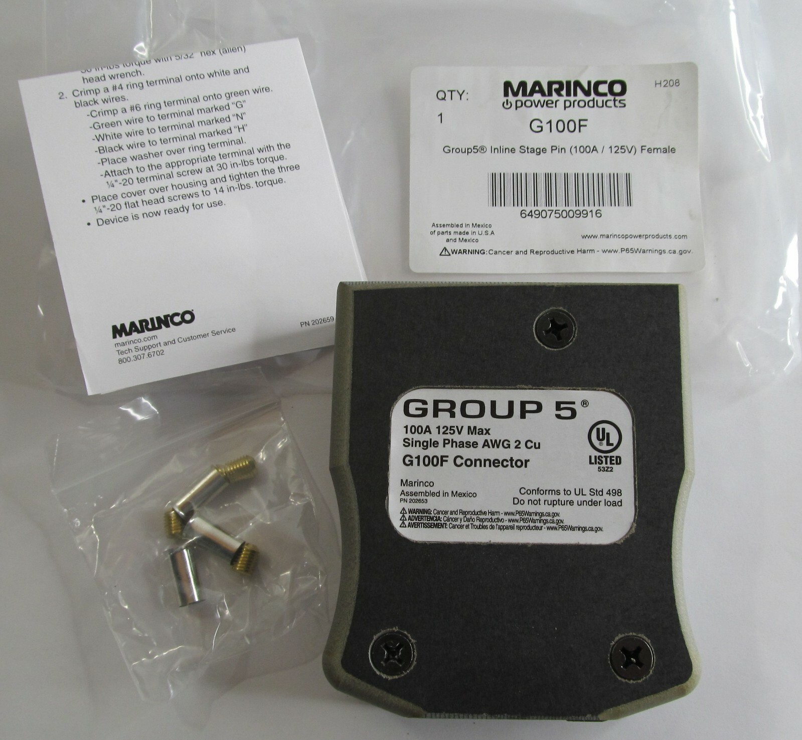 NEW MARINCO G100F GROUP 5 INLINE STAGE PIN FEMALE CONNECTOR 100A 125V