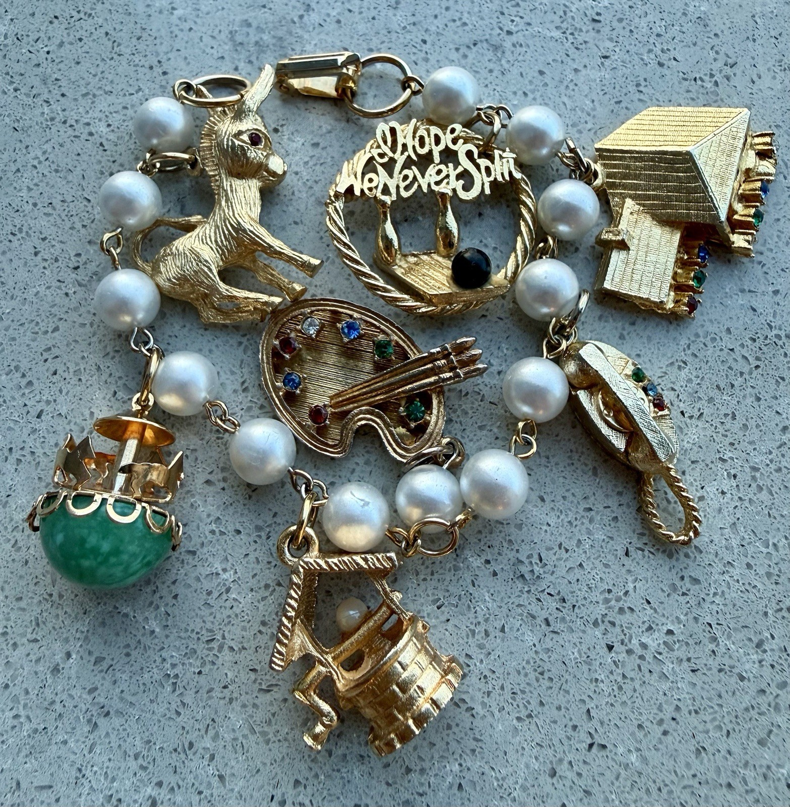 Vintage HOBCO House of Borvani Charm Bracelet. 6 Rare Charms. 24 Kt Gold ep. MCM