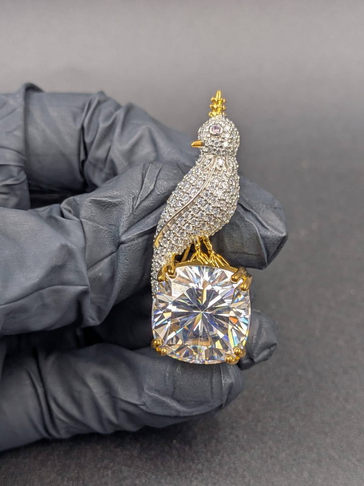 2.9Ct Cushion Cut Real Moissanite Bird Charm Brooch Pin 14K Yellow Gold Plated