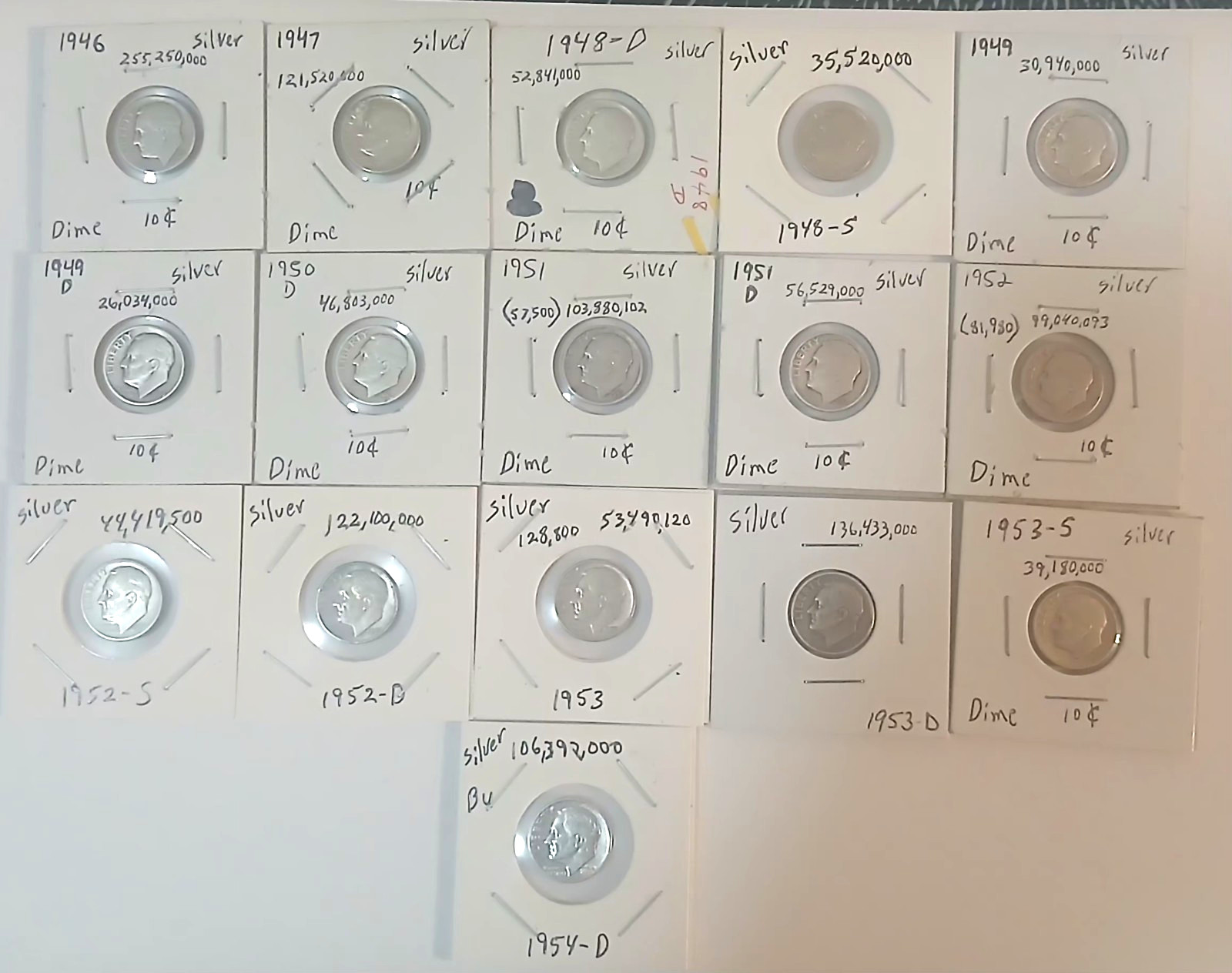 Roosevelt Silver Dimes Lot 1946-1954D 10C Business Strike 