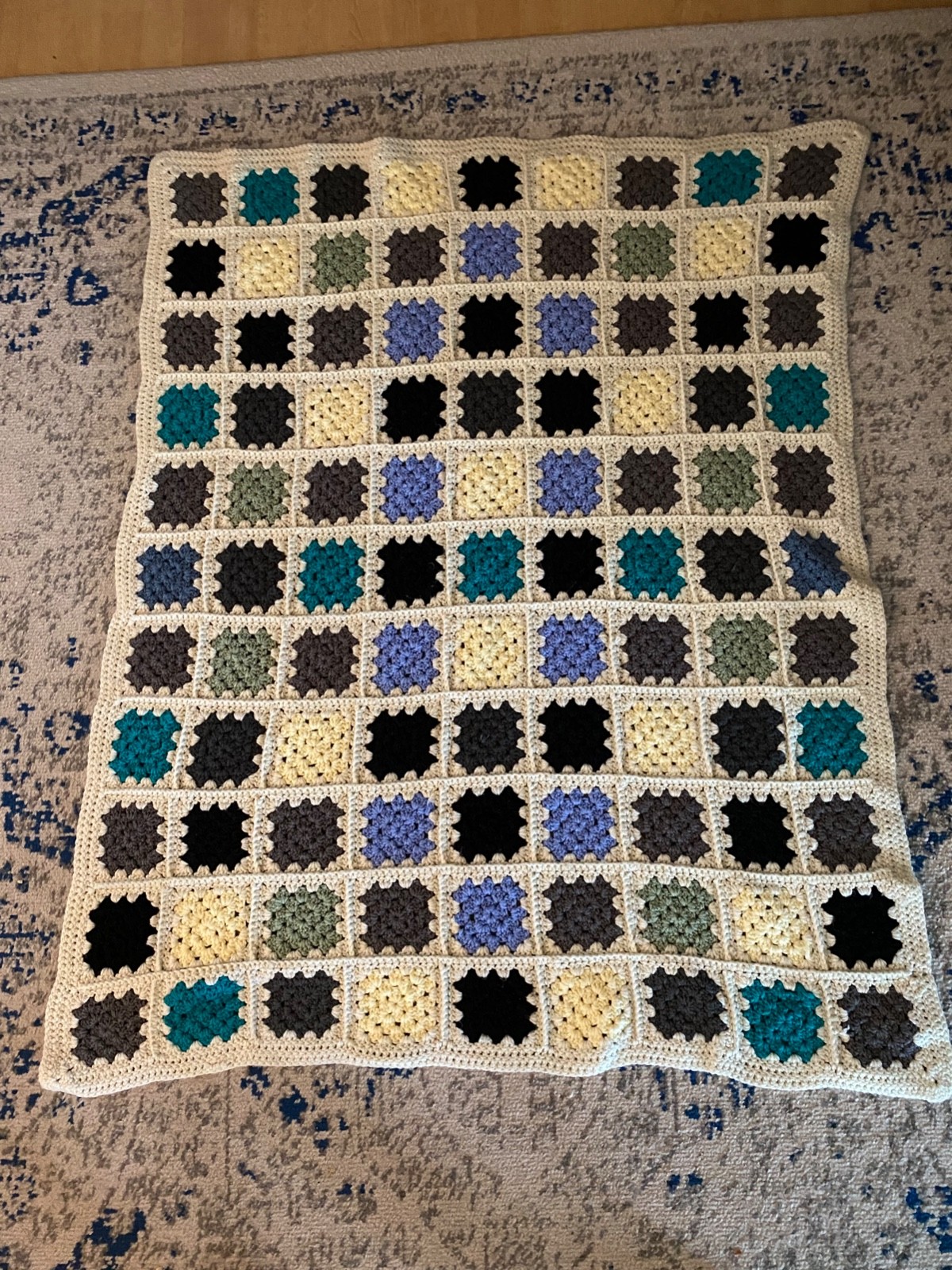 Handmade granny square crochet blanket teal, green, blue & cream color 3ft X 4ft Handmade granny square crochet blanket teal, green, blue & cream color 3ft X 4ft