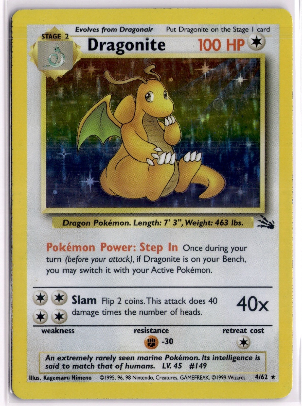 Dragonite 4/62 Rare Fossil Pokemon Unlimited Holo Moderately Played Dragonite 4/62 Rare Fossil Pokemon Unlimited Holo Moderately Played
