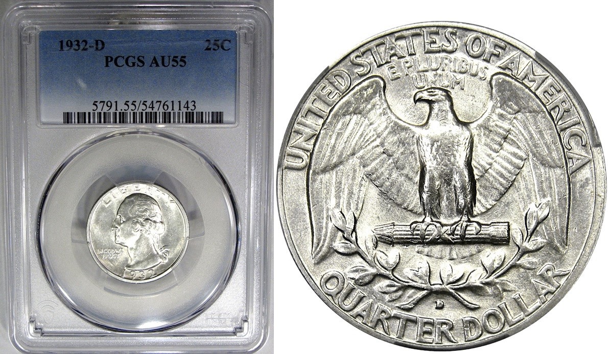 1932-D 25C PCGS AU55 WASHINGTON ~ FROSTY NEAR-UNC SLIDER