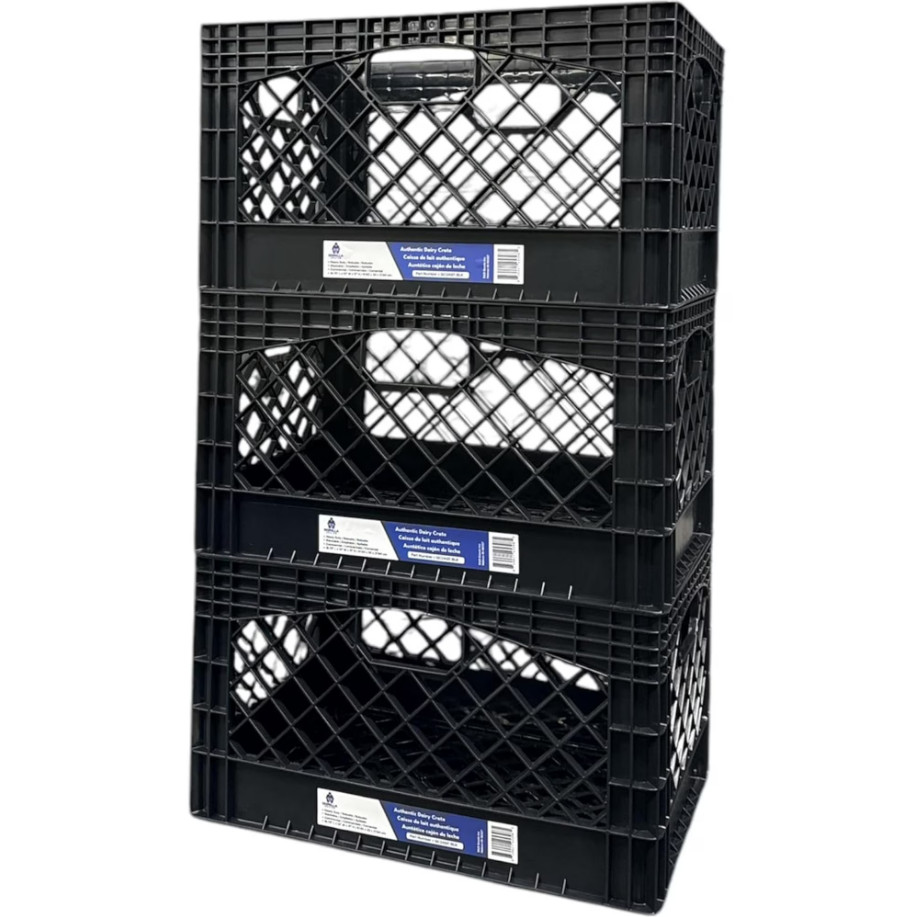 24QT Milk Crate 3 Pack Heavy Duty Stackable Storage Bin Plastic Black