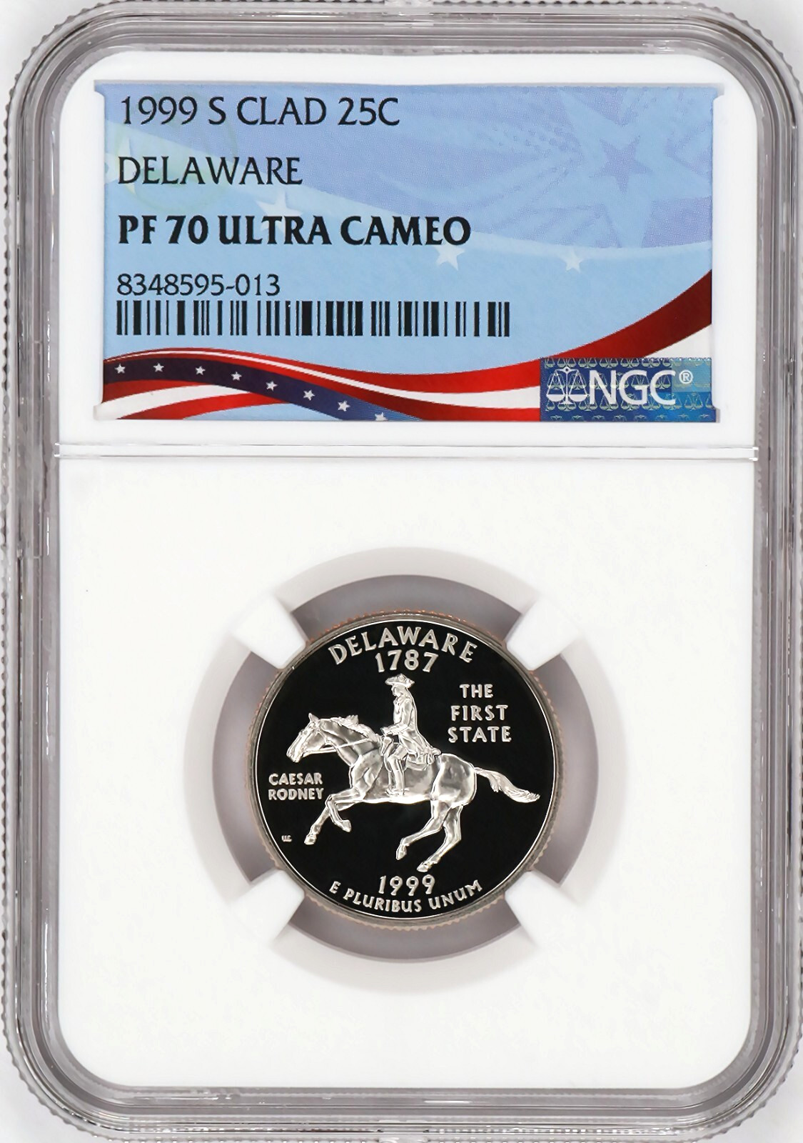 1999-S Proof State Quarter, Delaware, PF70 Ultra Cameo NGC, Patriotic Label 1999-S Proof State Quarter, Delaware, PF70 Ultra Cameo NGC, Patriotic Label