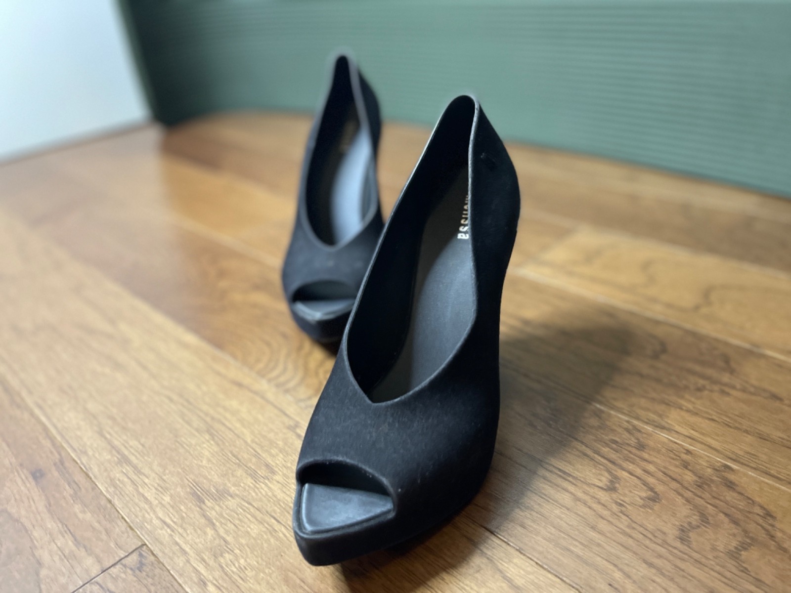 Melissa Womens Heels 9 Black Vegan Suede Leather Peep Toe Silver Block Heel