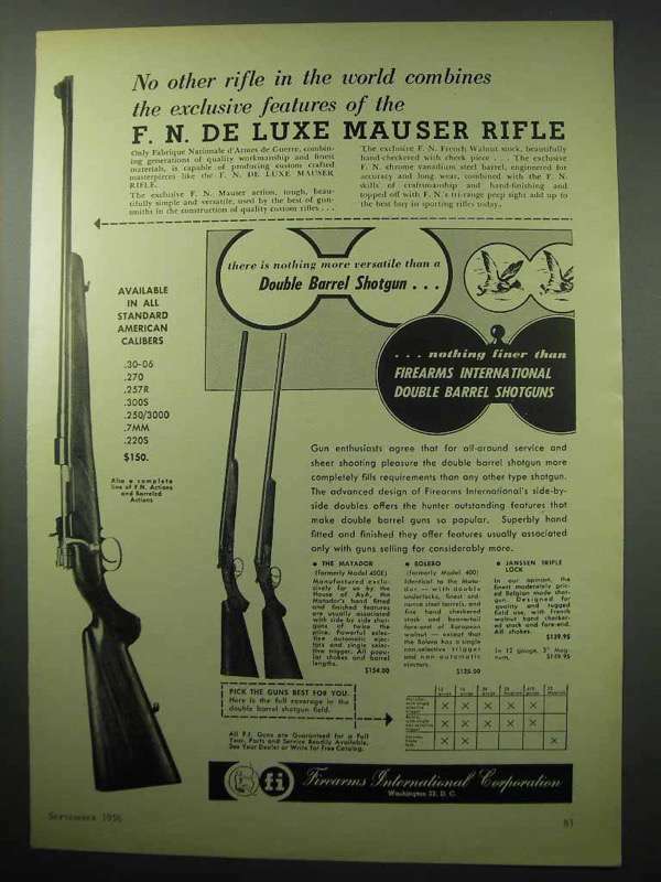 1956 F.I. Ad - F. N. De Luxe Mauser Rifle
