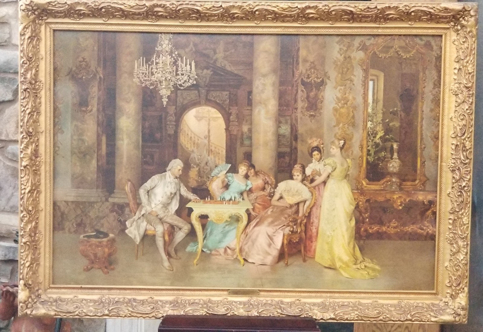 GORGEOUS VTG The Chess Game LARGE Art Print Francesco Beda OrnateGold Tone Frame