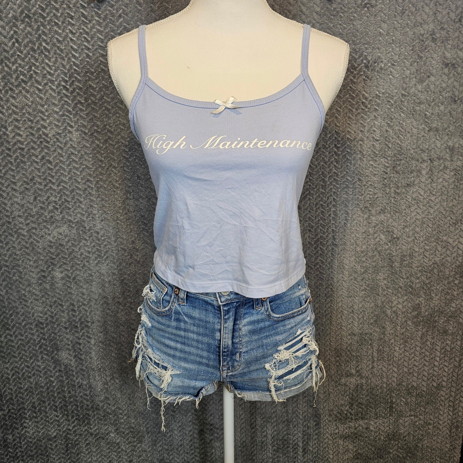 Y2K Coquette High Maintenance Blue Graphic Cami Tank Top Bow Detail Medium