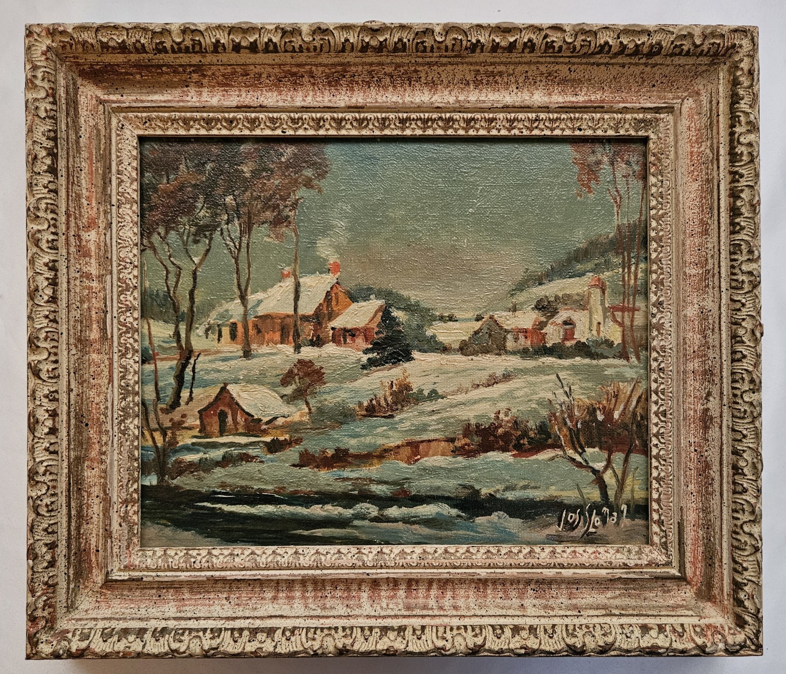 Joseph Sloman Signed Original Oil Winter Village Landscape Framed NJ Artist 