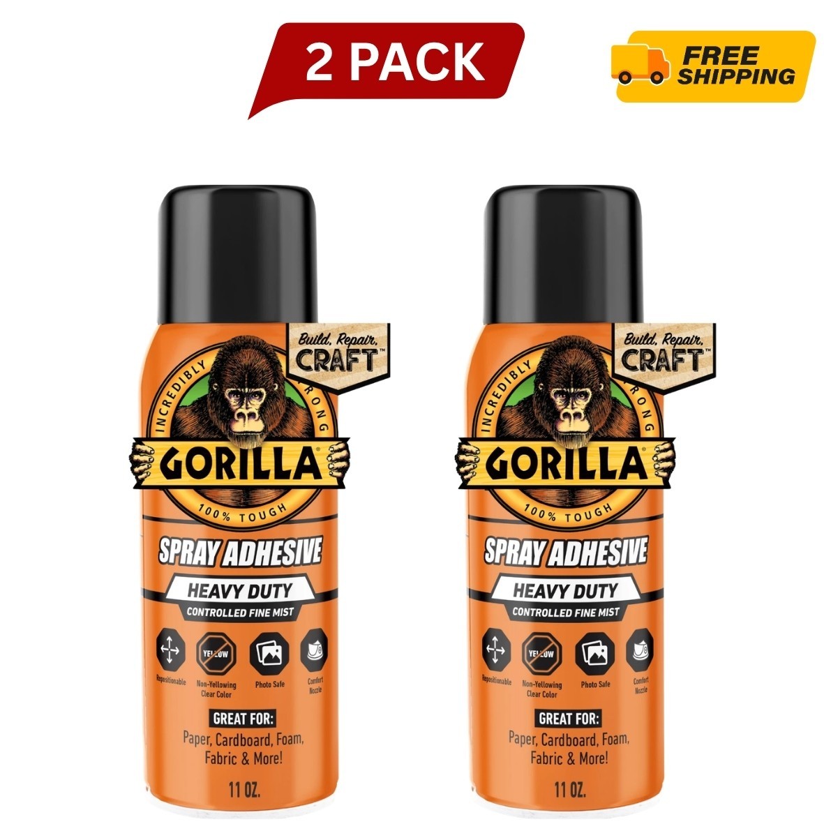 Gorilla Clear Spray Adhesive 11 oz Cans, 2-Pack, New