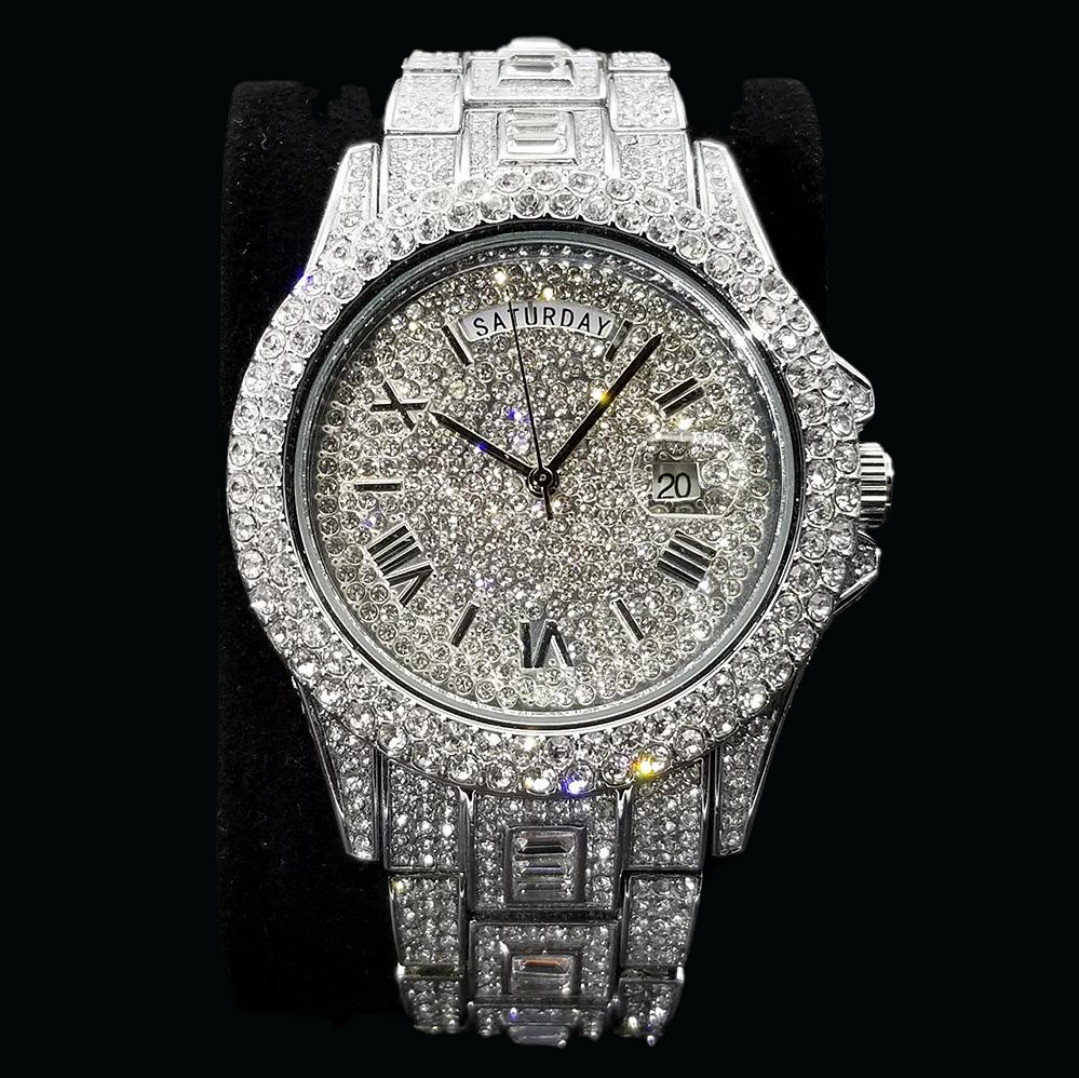 Day Date Roman Numerals VVS Iced Out Diamond Watch, Hip Hop Watch, Silver, Gold