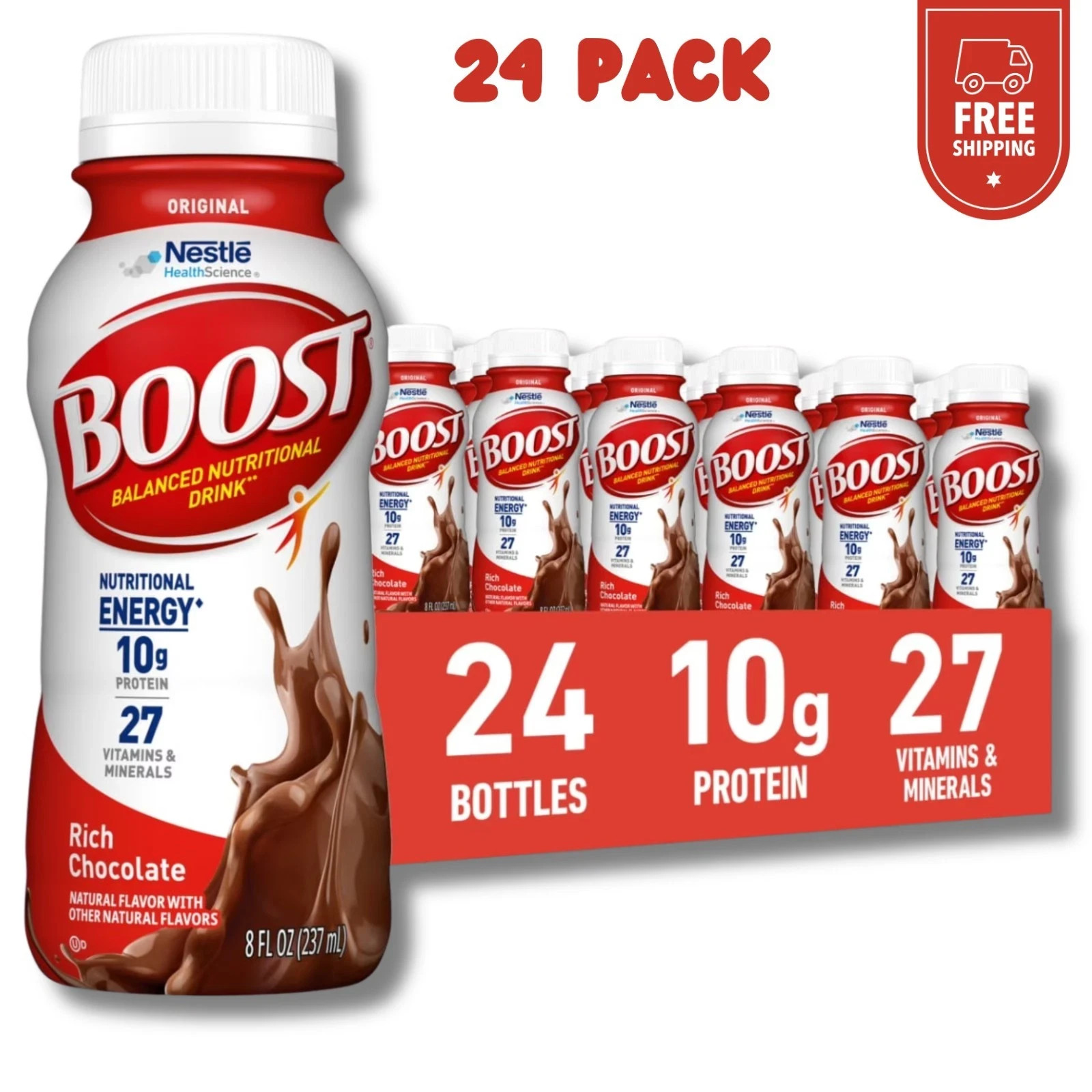 BOOST Original, Nutritional Drink, Rich Chocolate, 10g Protein, Pack24 - 8 fl oz