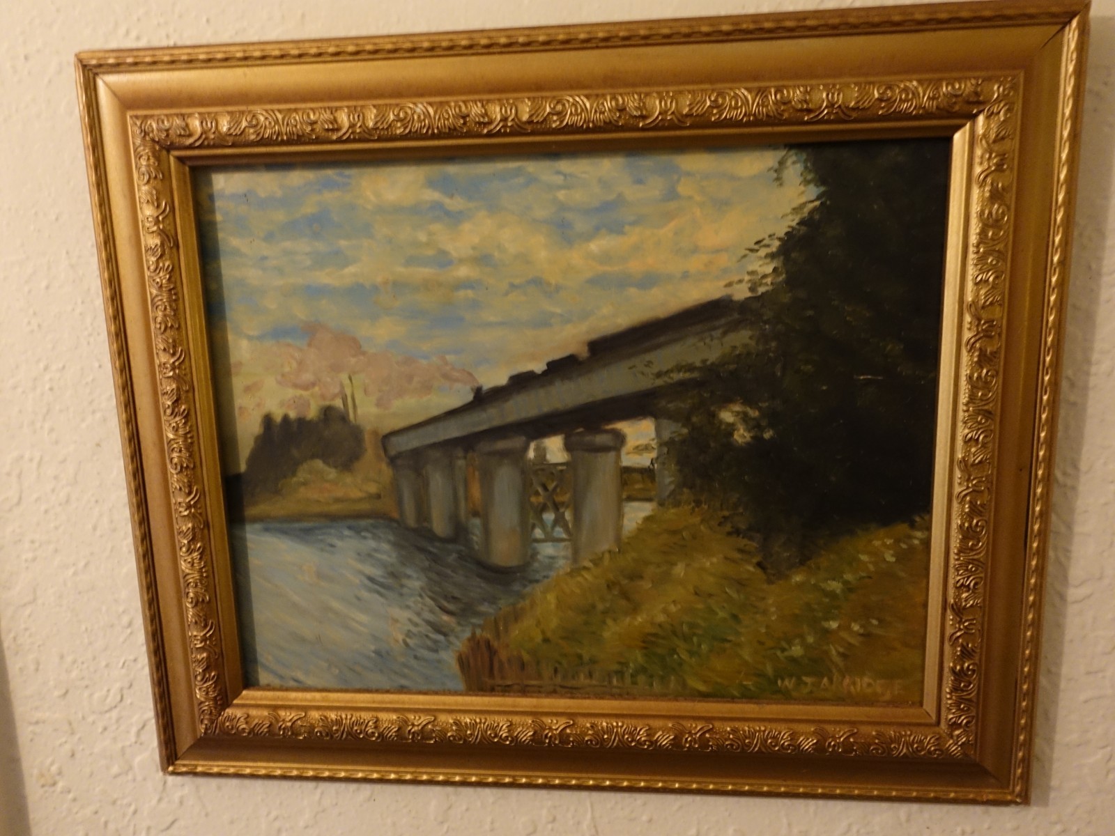 Vintage Framed Oil Painting from France, With Train going over a Bridge