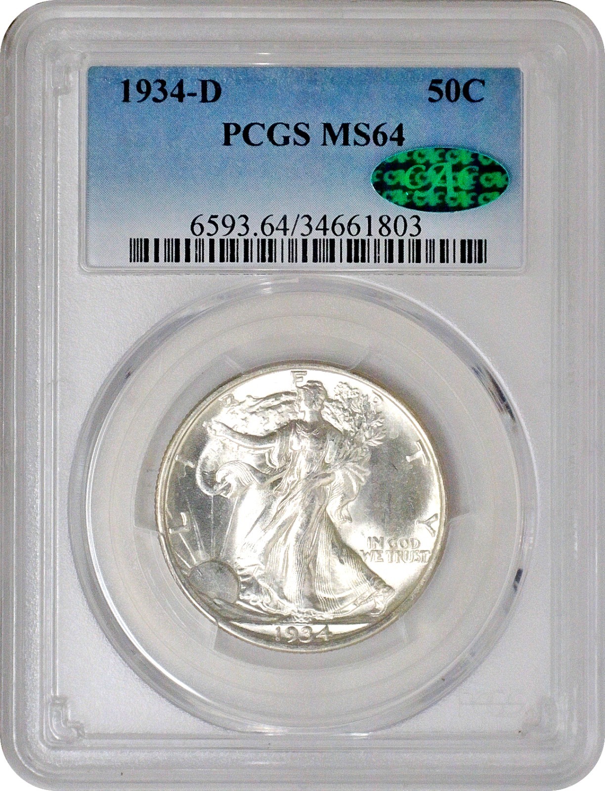 1934 D Walking Liberty Half Dollar 50C PCGS MS64 CAC Choice Uncirculated