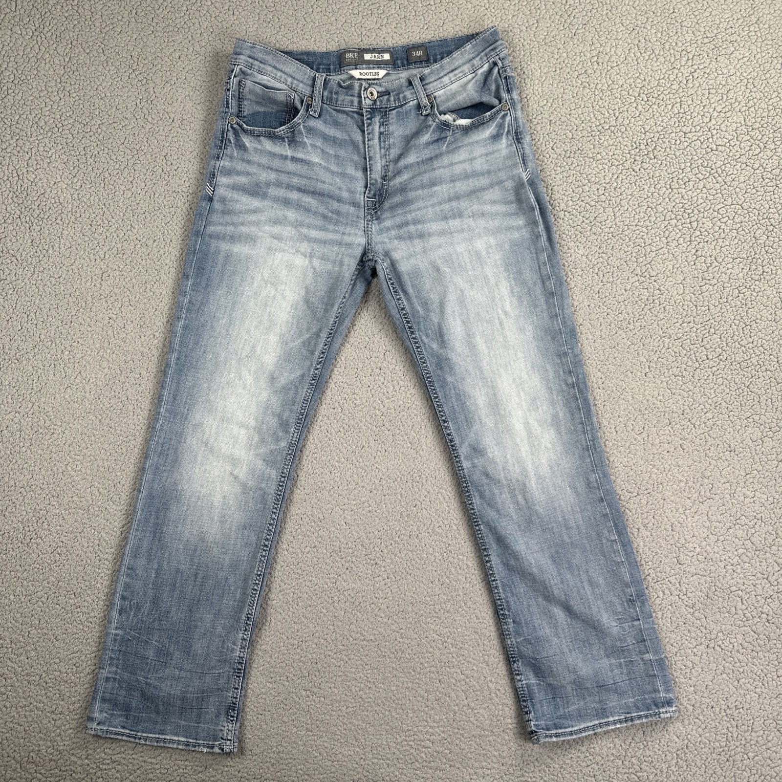 BKE Buckle Jake Bootleg Jeans Men 34R Blue Stretch Whiskered Distressed Cowboy