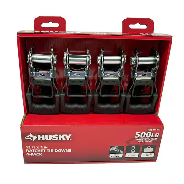 Husky 12 ft. x 1 in. Ratchet Tie-Down Straps with S-Hook (4-Pack) Husky 12 ft. x 1 in. Ratchet Tie-Down Straps with S-Hook (4-Pack)