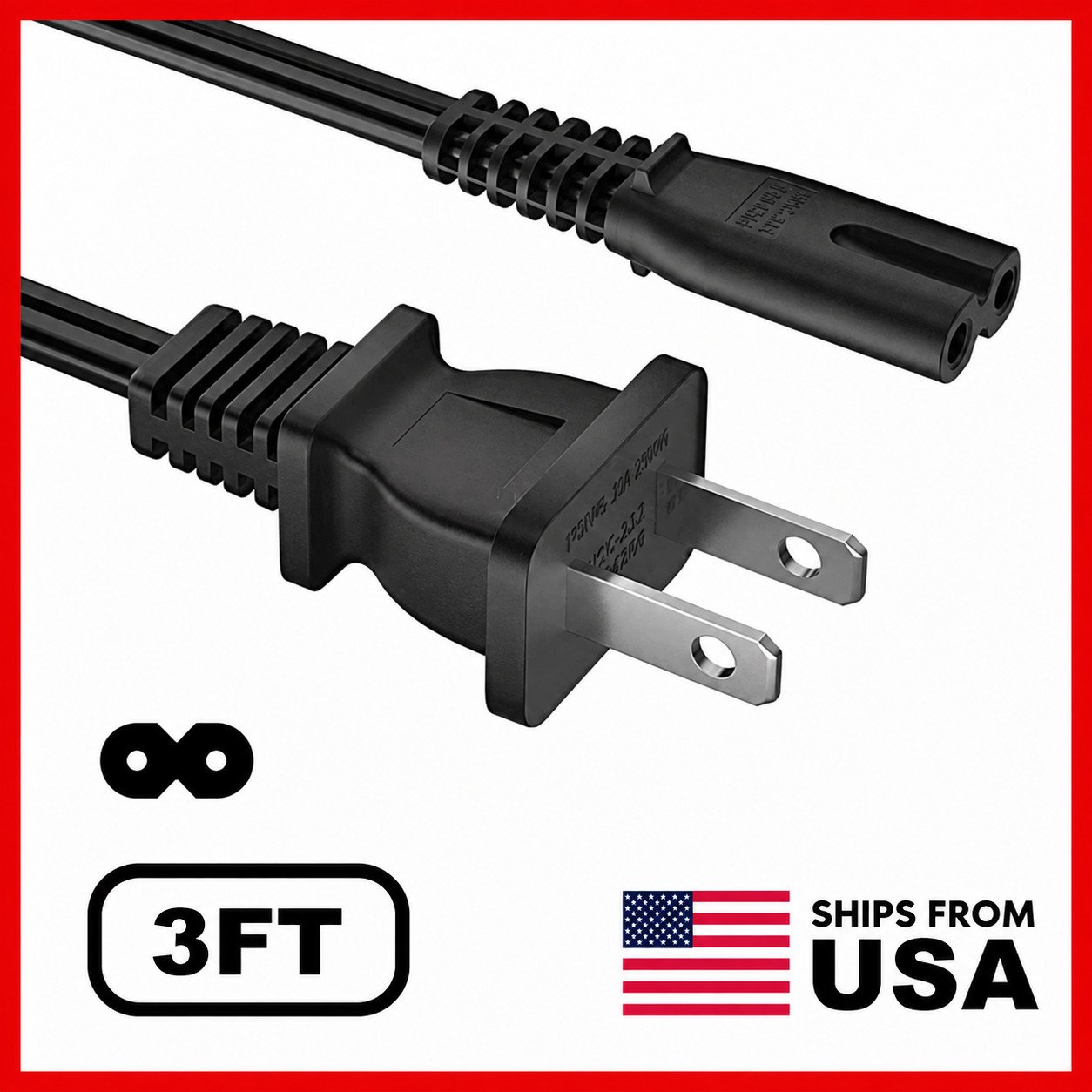 Lot AC 2 Prong Power Cord 3FT Standard 2-Slot Power Cable For Mac mini
