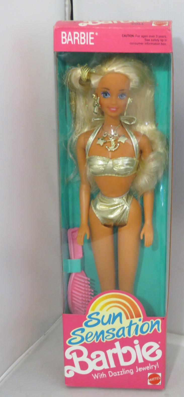 Vintage 1991 Mattel Sun Sensation Barbie Doll Golden Swimsuit #1390 NRFB