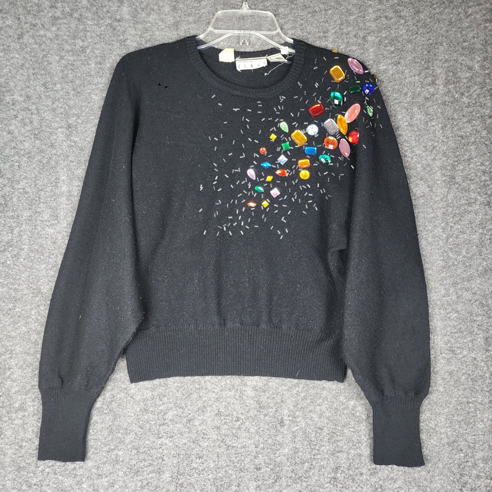 Ann Tjian for Kenar Sweater Women L Black Vintage Lambswool Beaded Rhinestone