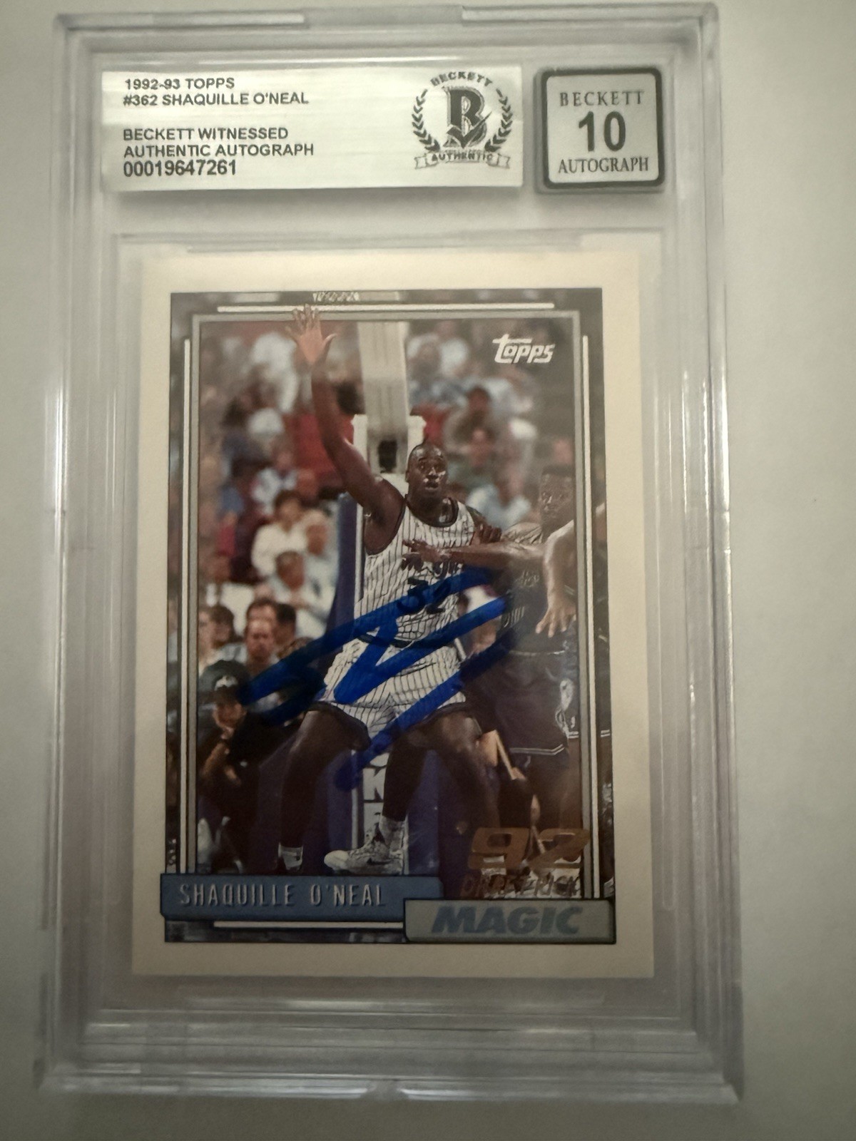 Topps 1992-93 Shaquille O\'Neal RC Auto BAS 00019647261 #362 Magic