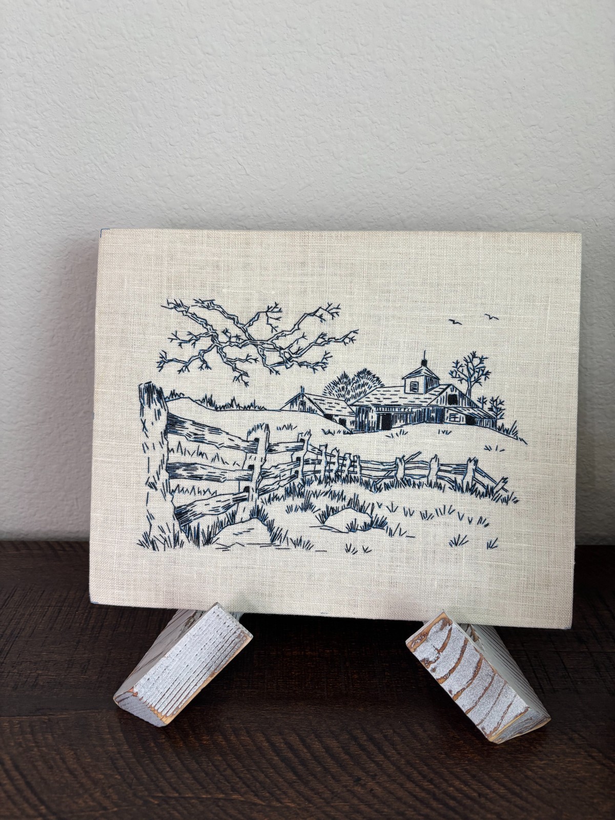 Vintage Country Landscape Crewel Needlework- Handmade 1975