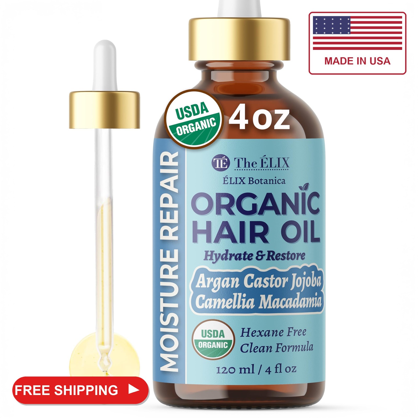 USDA Organic Hair Oil for Frizzy Hair with Argan Jojoba & Castor | Frizz Control