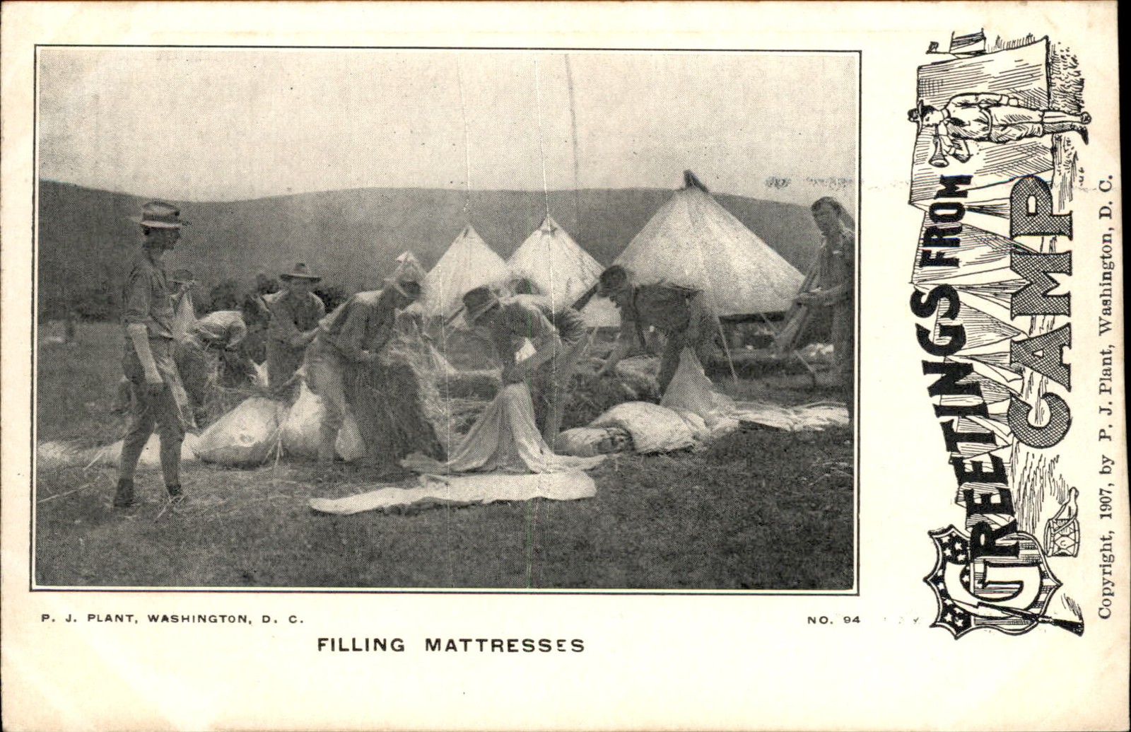 Soldiers Filling Mattresses P. J. Plant c1907 Vintage Postcard Soldiers Filling Mattresses P. J. Plant c1907 Vintage Postcard