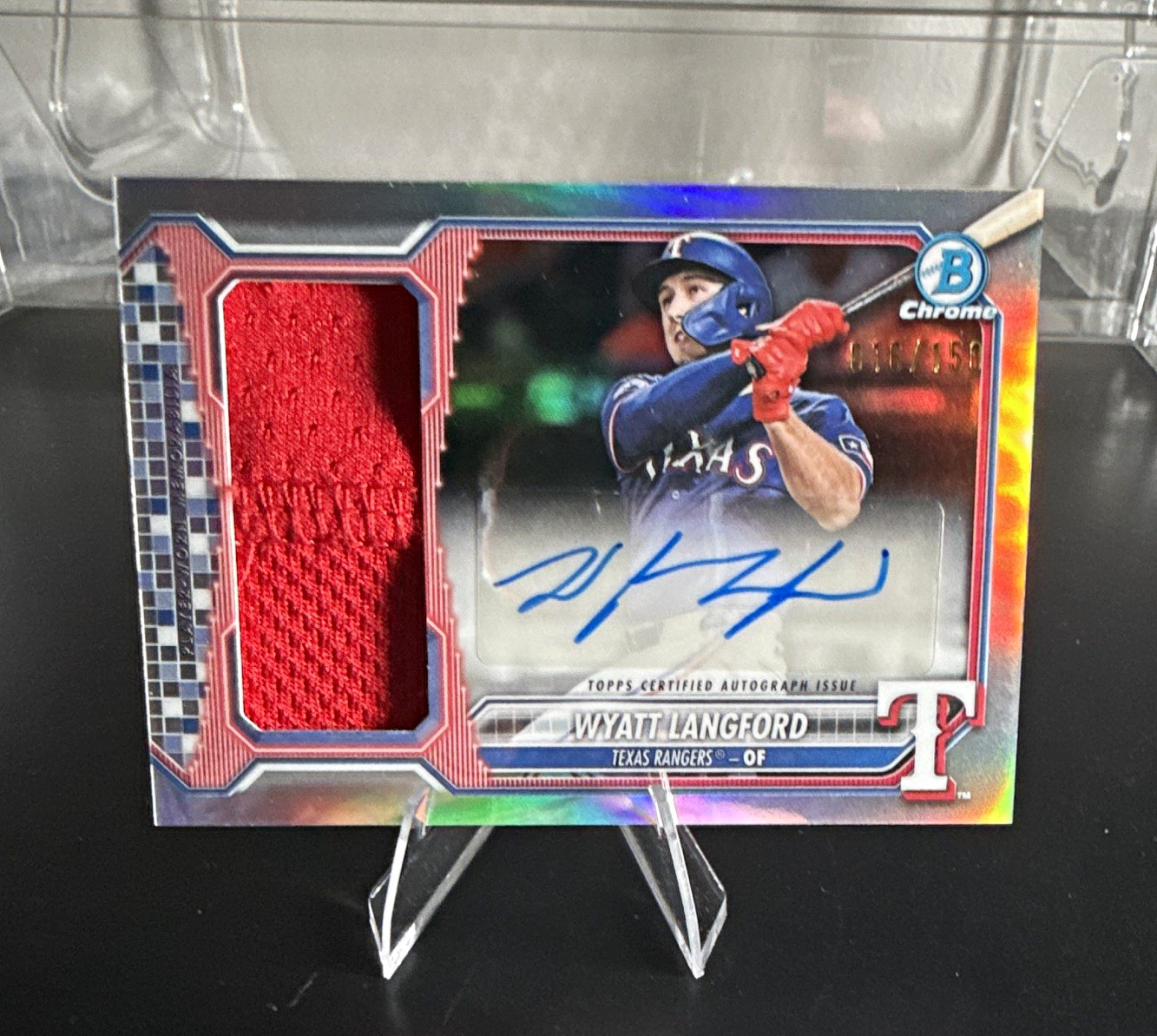 Topps 2026 Bowman Chrome Wyatt Langford JCAR-WL Jumbo Auto Relic 016/150 Topps 2026 Bowman Chrome Wyatt Langford JCAR-WL Jumbo Auto Relic 016/150