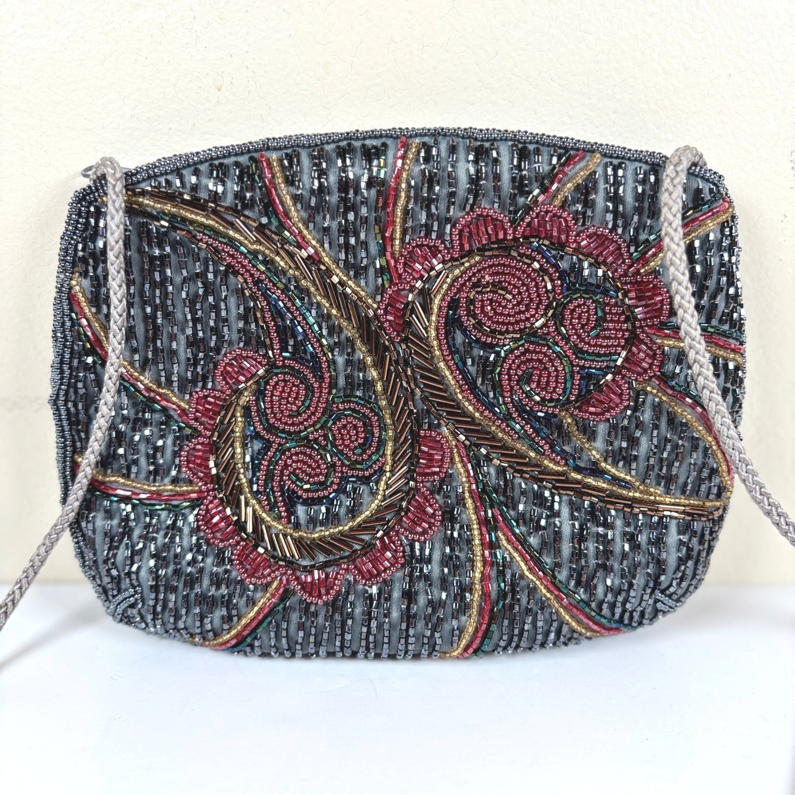 Vintage Carla Marchi Beaded Evening Bag Handmade Gray Red Gold Art Deco Glam