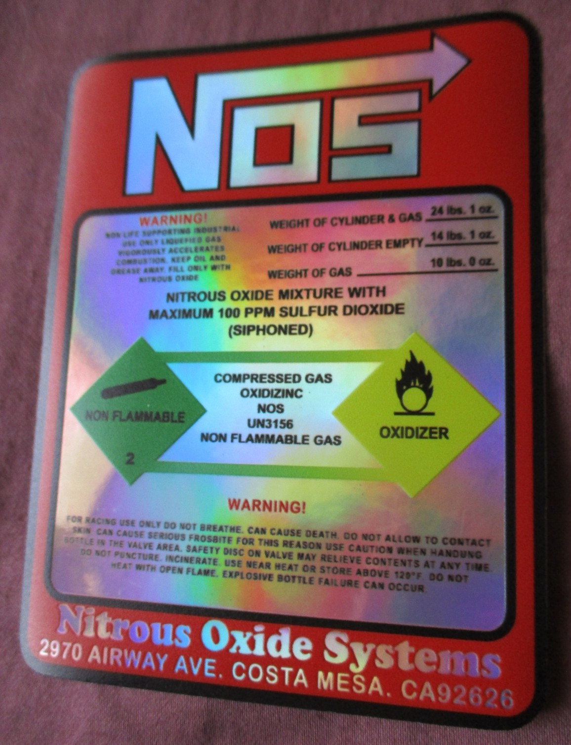 NOS Nitrous Oxide Racing HOLOGRAPHIC Label Decal Sticker NOS Nitrous Oxide Racing HOLOGRAPHIC Label Decal Sticker
