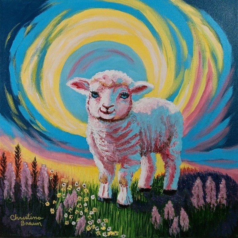 Hand Painted Art Painting Acrylic On 14X14 Stretched Canvas Lamb Signed Hand Painted Art Painting Acrylic On 14X14 Stretched Canvas Lamb Signed