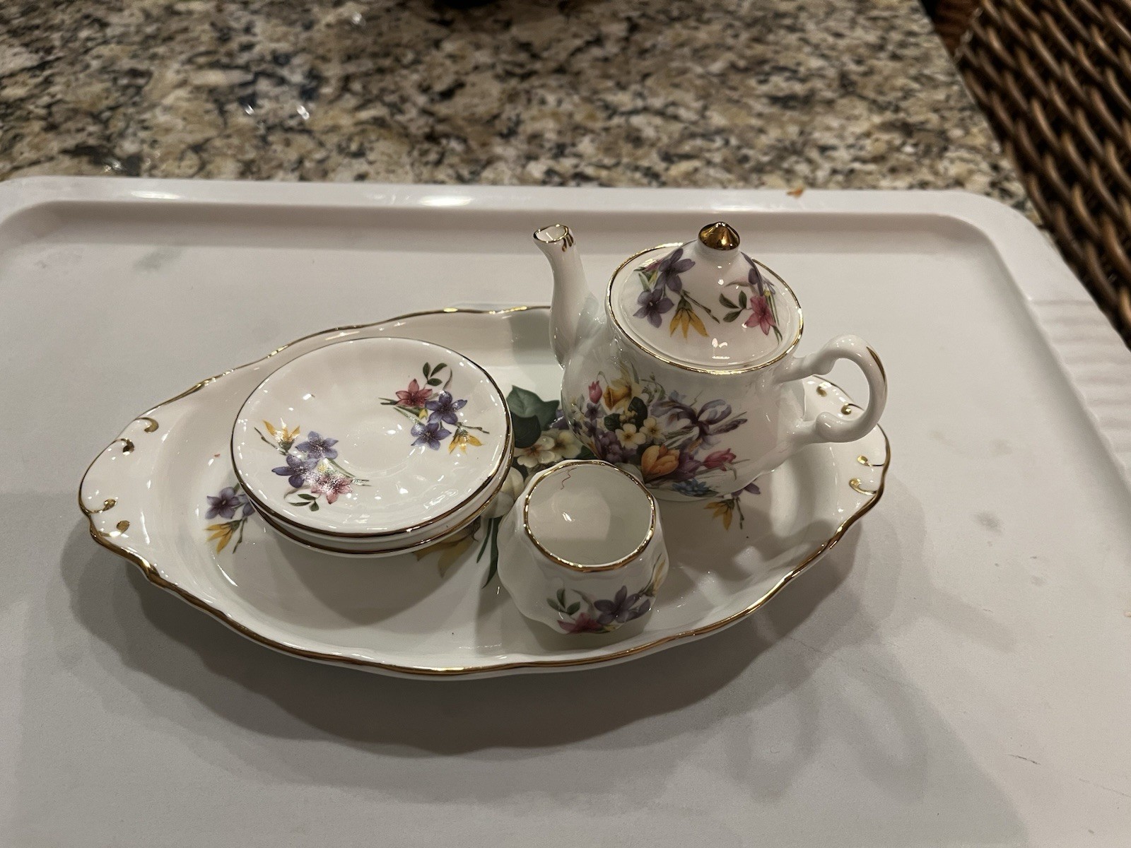 Vintage BC Staffordshire England Miniature Bone China Tea Set Floral Gold Trim