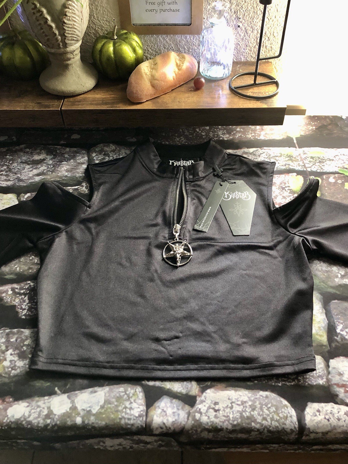 NWT Killstar Knavery Black Crop Top Shoulder Cutouts Baphomet Accent SEXY Goth
