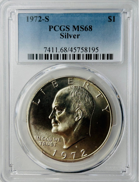 :1972-S $1 Eisenhower Silver Dollar PCGS MS68 Blast White Rare R2 Highest Grades