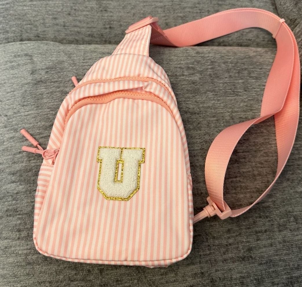 Pink White Striped Mini Crossbody Slingbag Varsity “U” Patch