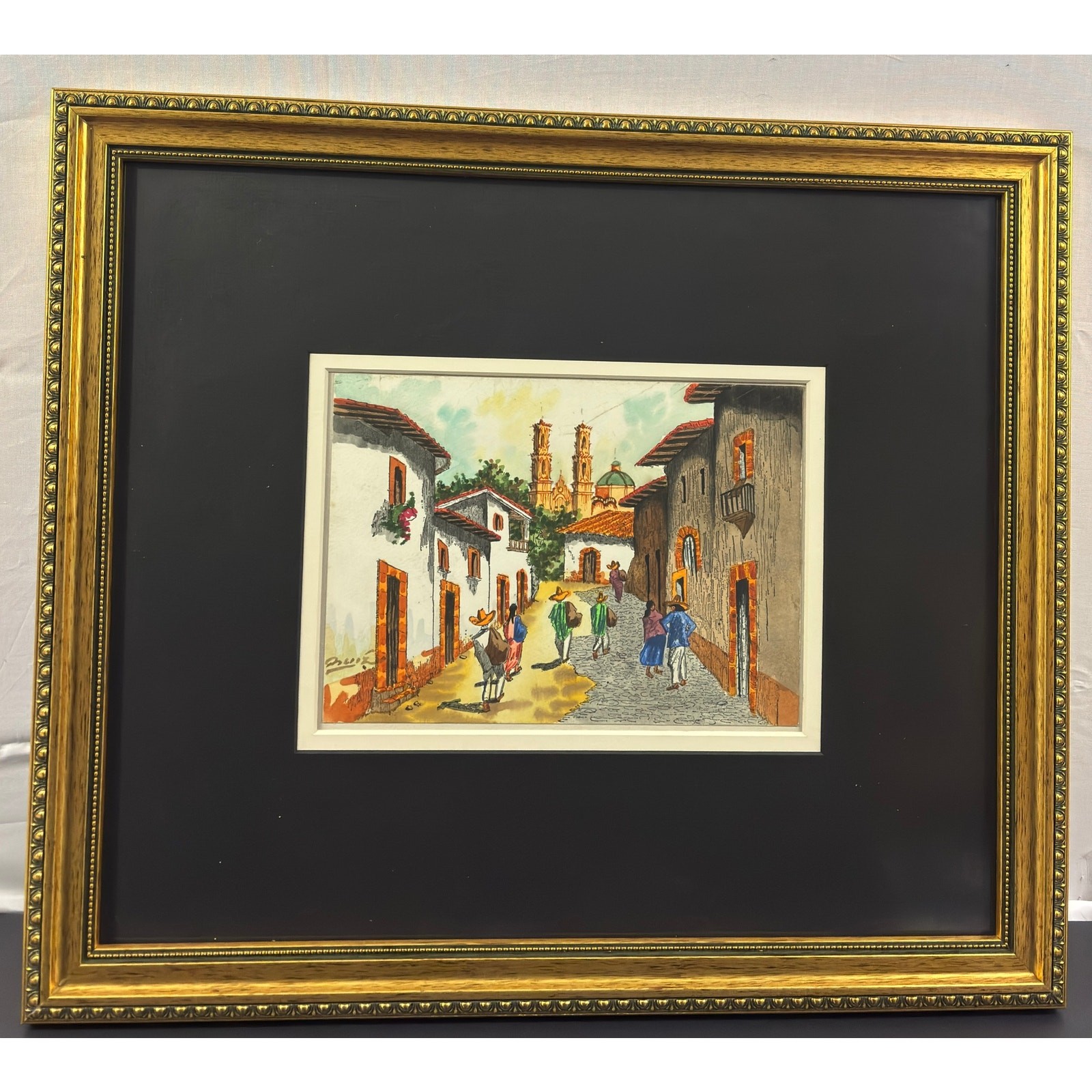 Original Watercolor Painting Hispanic Street Scene Framed 21x18 Latin Art