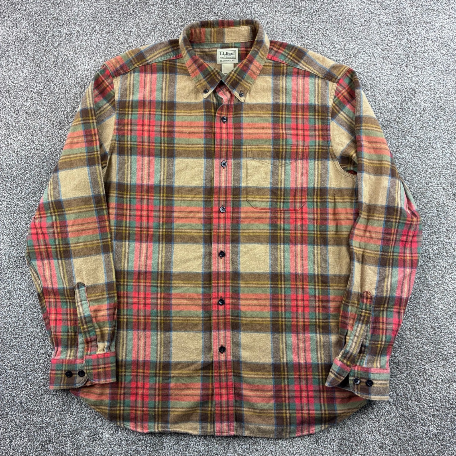 L.L. Bean Flannel Shirt Mens L Large Tan Cotton Plaid Traditional Fit 228061