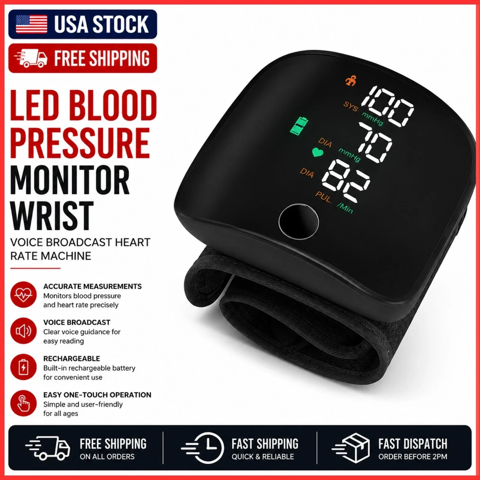 LED Blood Pressure Monitor Wrist Rechargeable Voice Broadcast Heart Rate Machine